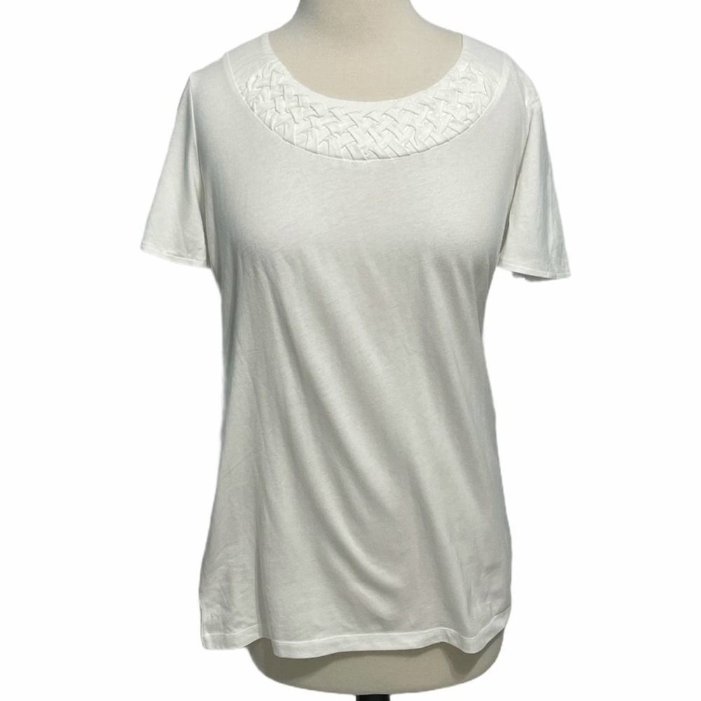 Women's Karen Scott Braided‎ Neck T-Shirt White Medium Tee Shirt Casual Bright